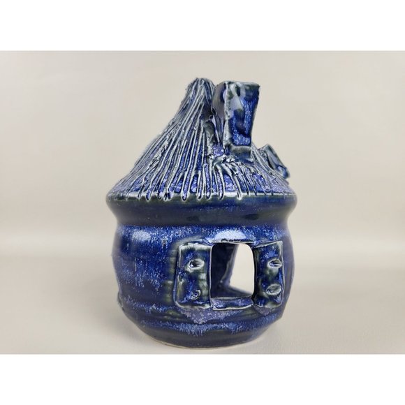 Cobalt Blue Glazed Art Pottery Fairy Cottage Tealight Candle Holder Artist Marke - Picture 6 of 14